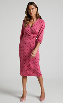 Bethrix Midi Dress - 3/4 Sleeve Wrap Dress in Pink and Red Polka Dot