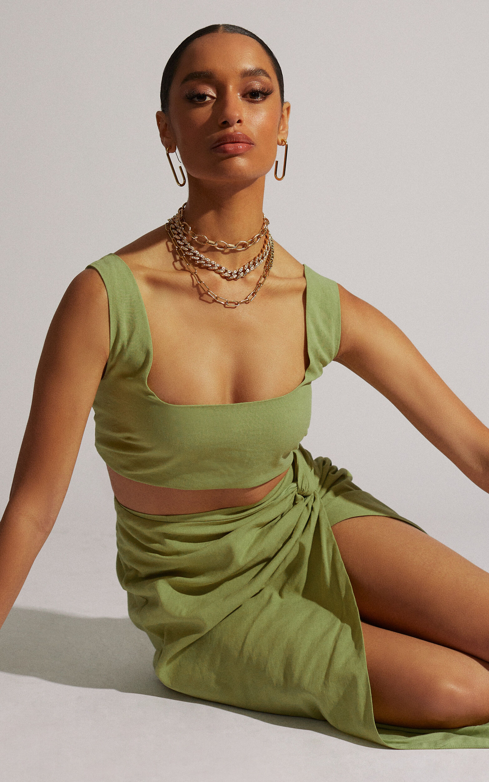 Gibson Crop Top and Knot Front Midi Skirt Two Piece Set in Celery - 04, GRN1, super-hi-res image number null
