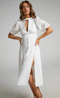 Sia Embroidered Puff Sleeve Open Back Midi Dress in White
