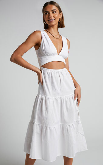 Spencer V Neck Cut Out Tiered Midi Dress in White