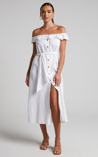 Anka Midi Dress - Off Shoulder Tie Waist Button Down Dress in White
