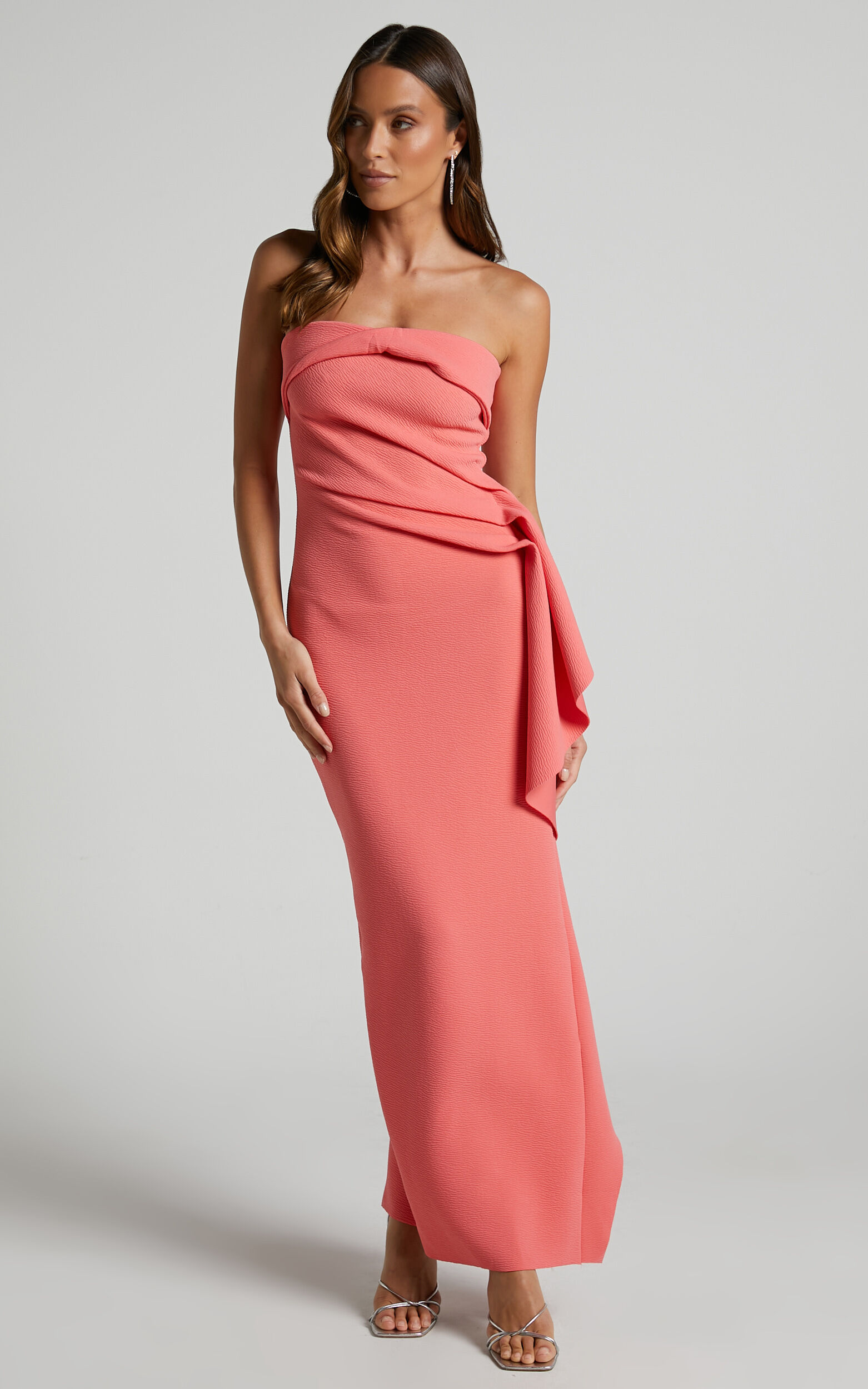 Lana Twist Bust Strapless Gathered Frill Midi Dress in Watermelon - 06, PNK1, super-hi-res image number null