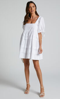 Eleua Pin Tuck Short Puff Sleeve Mini Dress in White