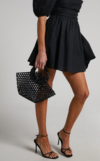 Jaynhel Bag - Ring Handle Crochet Look Beaded Bag in Black