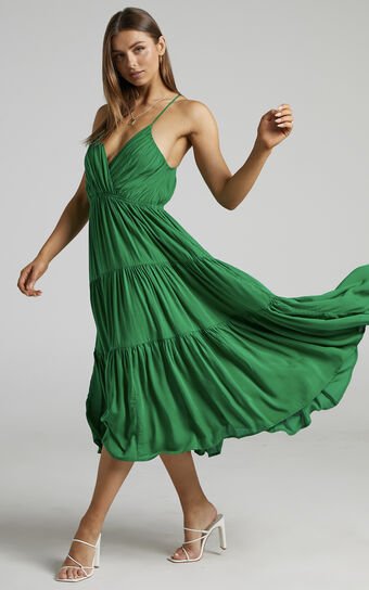 Phaloma V Neck Tiered Midi Dress in Emerald