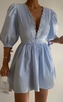Zandra Mini Dress - Puff Sleeve Poplin Dress in Icy Blue