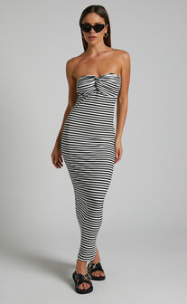 Aravis Midaxi Dress - Twist Detail Strapless Dress in Black and White Stripe