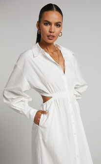 Merabelle Midaxi Dress - Side Cut Out Collared Long Sleeve Shirt Dress in White