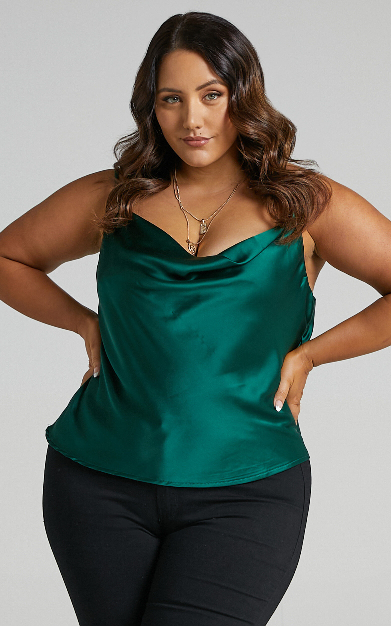 Faunia Straight Line Cowl Neck Top in Emerald Satin - 20, GRN2, super-hi-res image number null