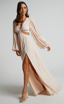 Paige Side Cut Out Balloon Sleeve Maxi Dress in Neutral