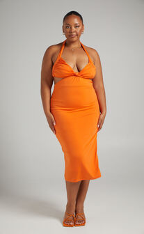 Maurine Halter Neck Cut Out Midi Dress in Orange