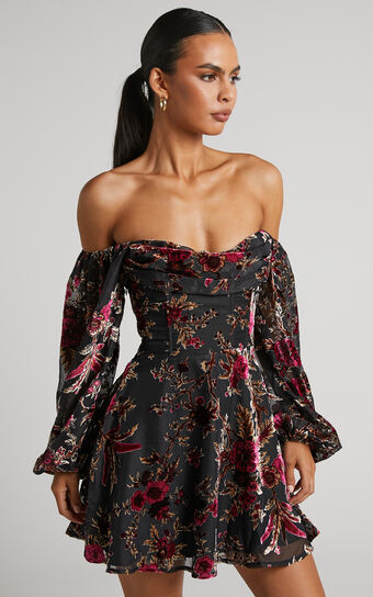 Jessell Mini Dress - Long Sleeve Cowl Corset Dress in Black Floral