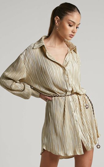 Beca Mini Dress - Crinkle Button Up Shirt Dress in Sand