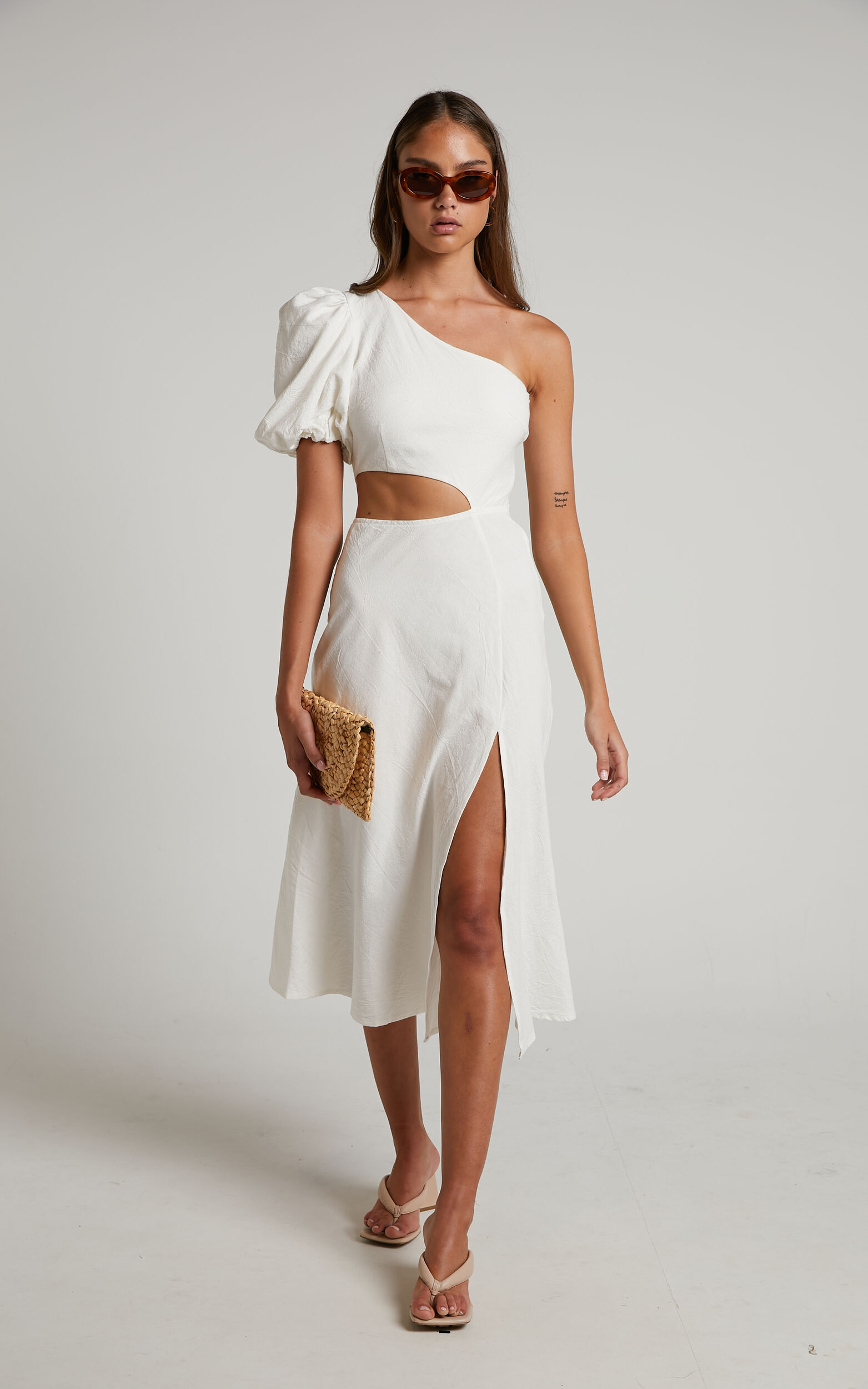 Marcia Midi Dress - One Shoulder Dress with Side Cut Out in White - 04, WHT1