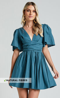 Amalie The Label - Chamika Linen Blend Plunge Open Tie Back Mini Dress in Teal