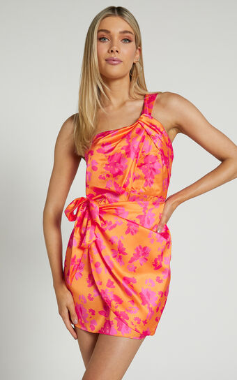 Breena Mini Dress - One shoulder Twist Detail Dress in Orange Floral
