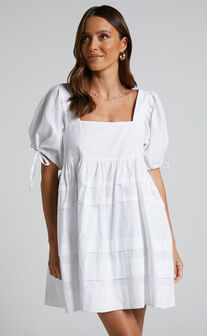 Eleua Pin Tuck Short Puff Sleeve Mini Dress in White