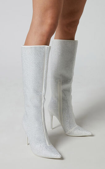 Public Desire - Lexi Diamante Stiletto Knee High Boots in Silver