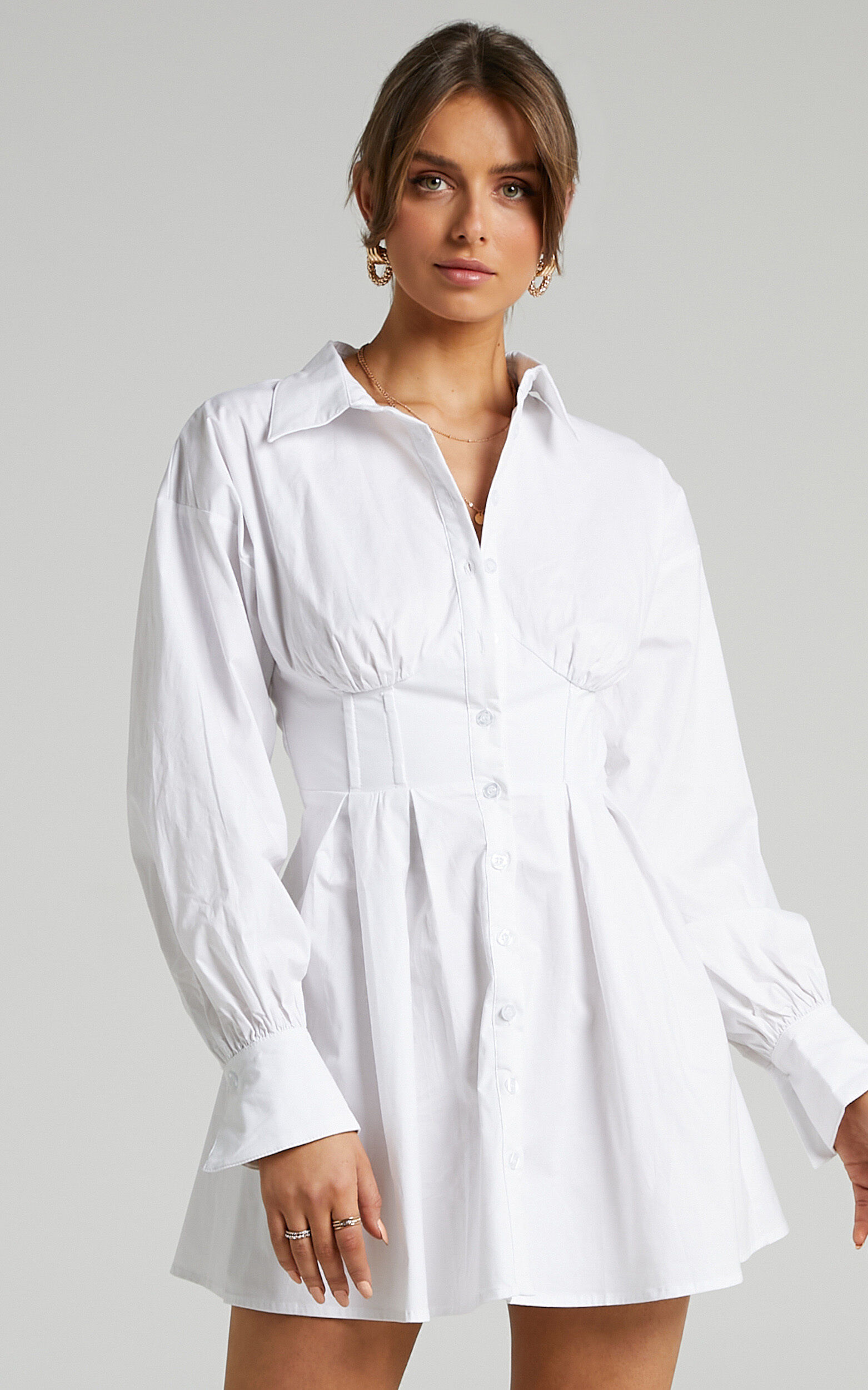 Claudette Mini Dress - Long Sleeve Corset Shirt Dress in White | Showpo