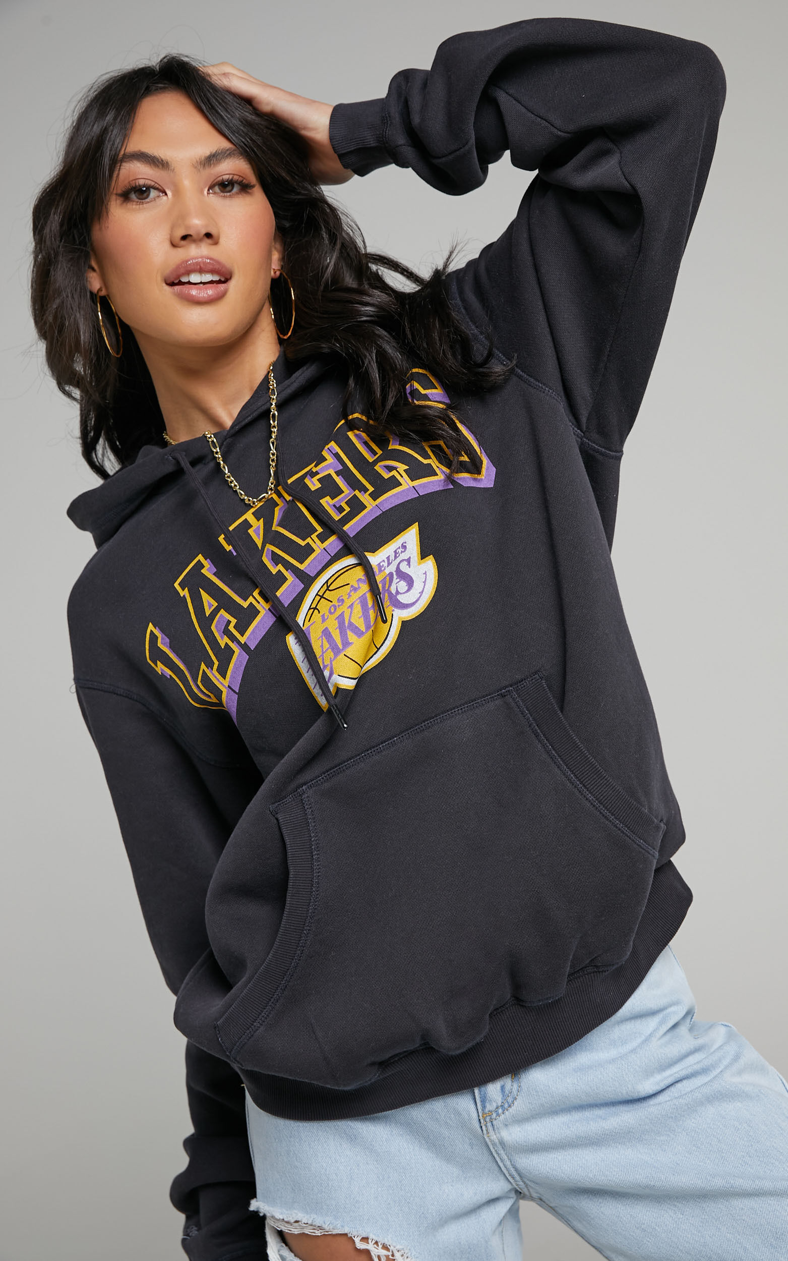 Mitchell & Ness - LA Lakers Vintage Keyline Logo Hoodie in Faded Raven - L, BLK1, super-hi-res image number null