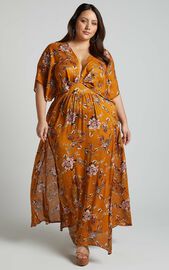 Vacay Ready Midi Dress - Plunge Thigh Split Dress in Mustard Floral ...