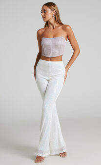 Deliza High Waisted Sequins Flare Pants in Iridescent White