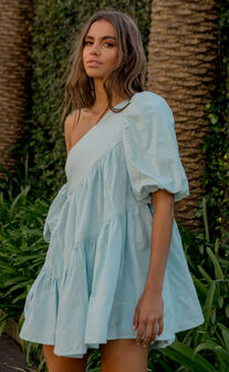Harleen Mini Dress - Asymmetrical Trim Puff Sleeve Dress in Light Blue
