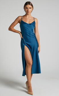 Flordeliza Midi Dress - Cowl Neck Thigh Slit Slip Dress in Steel Blue