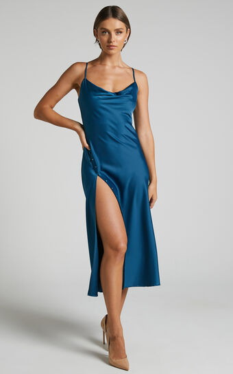 Flordeliza Midi Dress - Cowl Neck Thigh Slit Slip Dress in Steel Blue