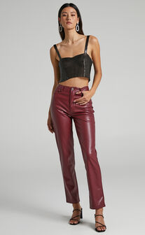 Dilyenne High Waist Straight Leg Faux Leather Pants in Wine
