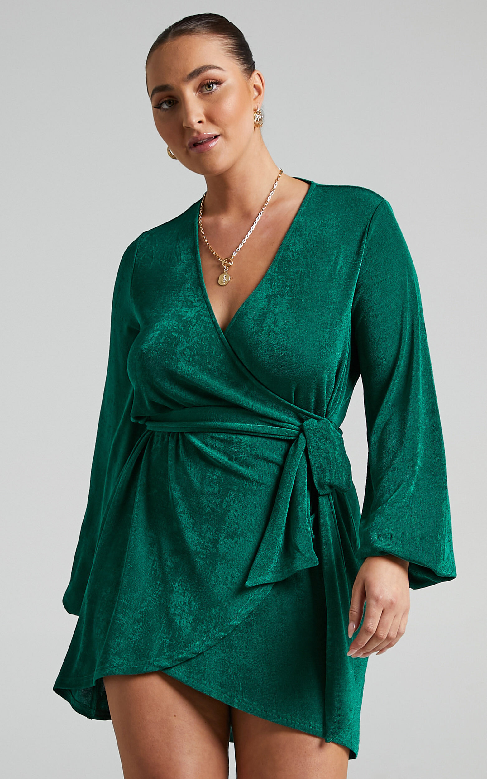Kayley Wrap Centre Tie Mini Dress in Forest Green - 06, GRN1, super-hi-res image number null