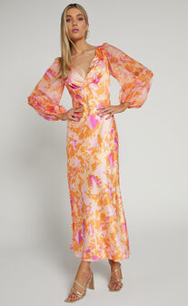 Cati Midaxi Dress - Plunge Detail Puff Sleeve Midaxi Dress in Peach Floral