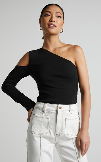 Henley Top - One Shoulder Cut Out Long Sleeve Top in Black