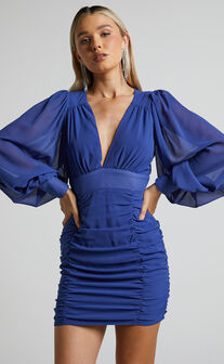 Hollis Mini Dress - Ruched Long Sleeve Plunge Neck Dress in Cobalt