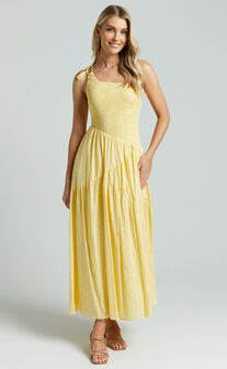 Zhibet Midaxi Dress - One Shoulder Tie Fit and Flare Dress in Yellow