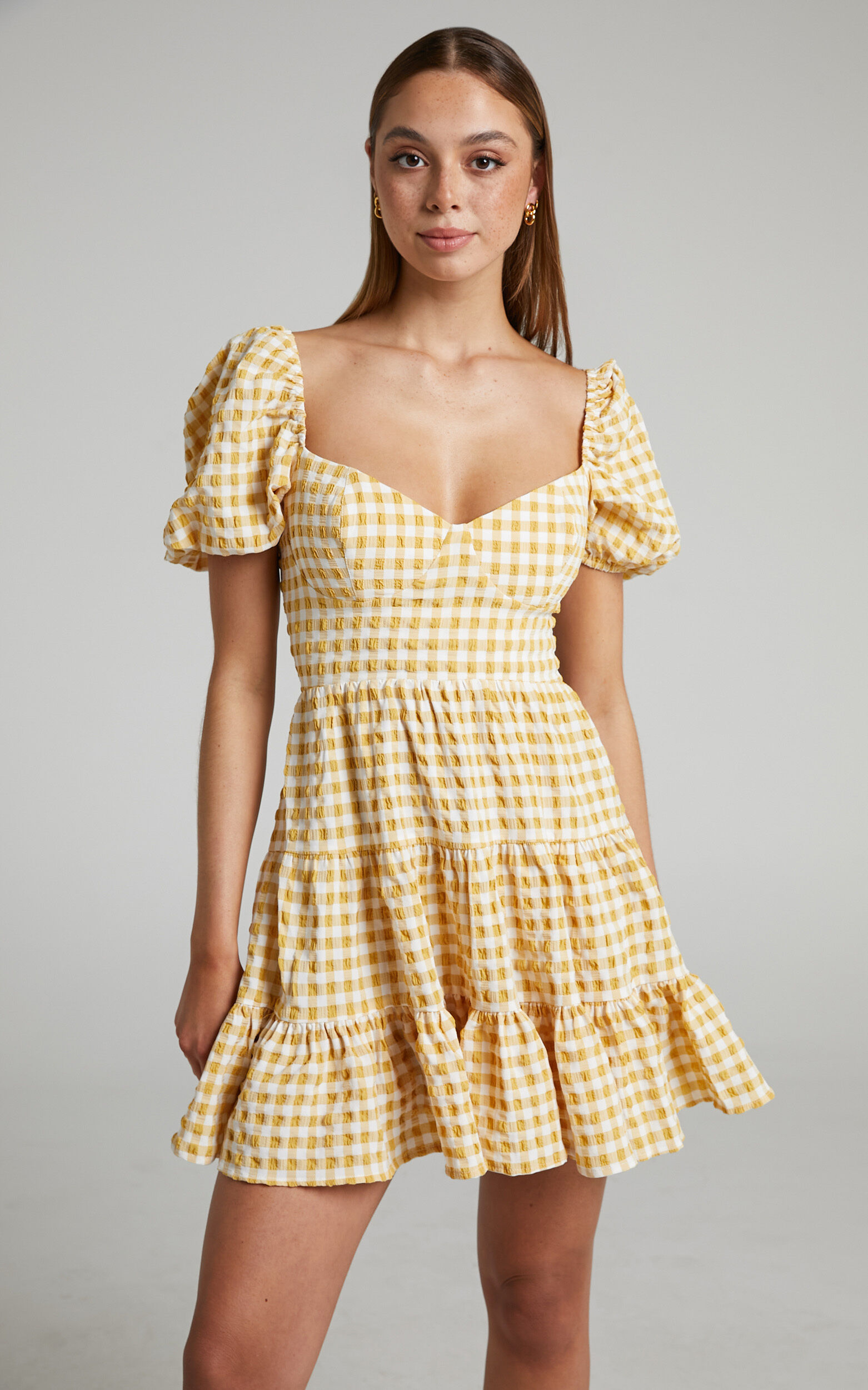 Mirai Sweetheart Tiered Puff Sleeve Mini Dress in Mustard Check - 06, YEL1, super-hi-res image number null