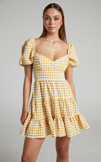Mirai Sweetheart Tiered Puff Sleeve Mini Dress in Mustard Check