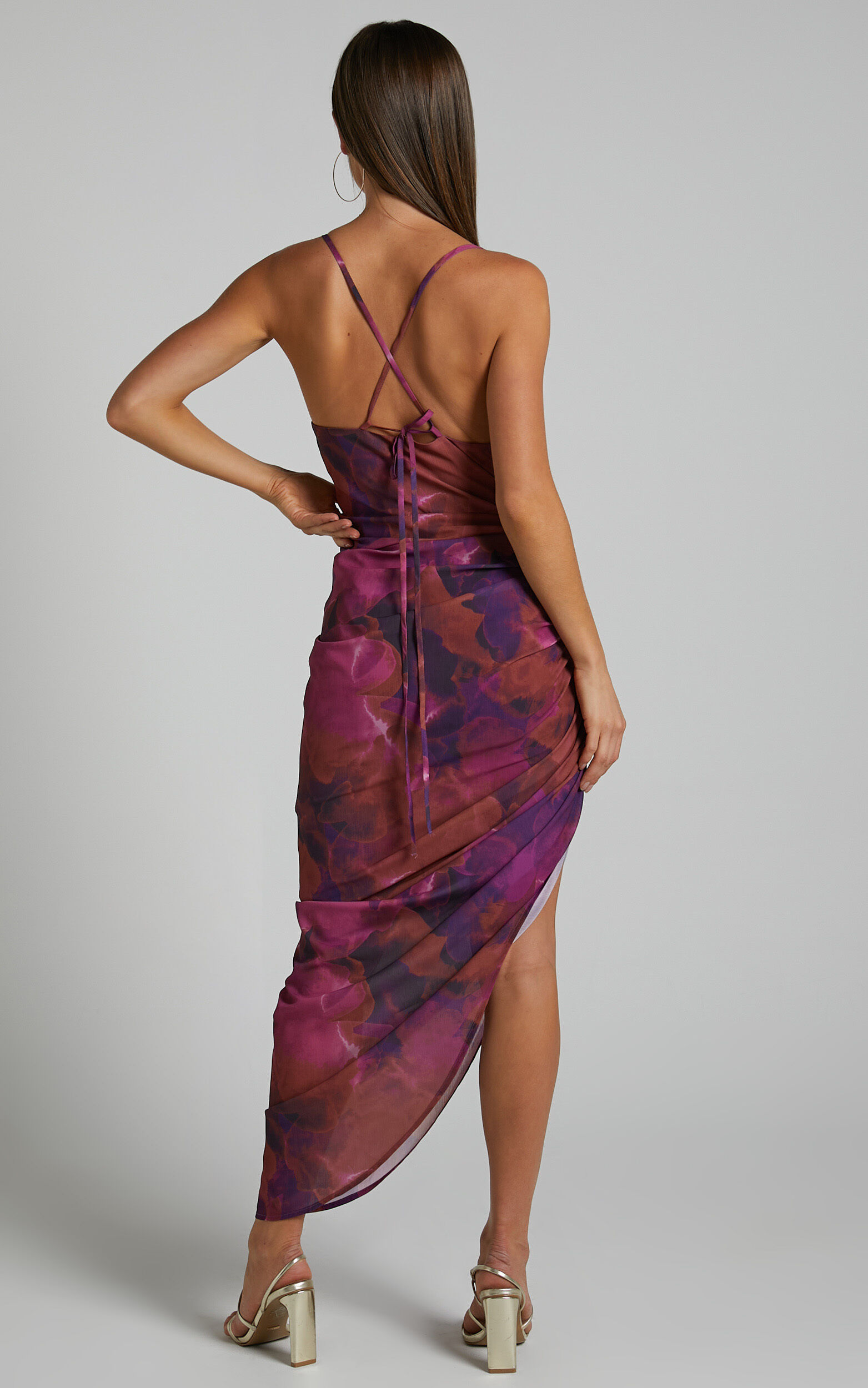 Hermae Midi Dress - Ruched Side Split Tie Back Slip Dress in