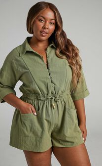 Nikelle Collared Playsuit with Elasticated Waist in Khaki