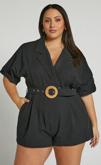 Thaisa Playsuit - Short Sleeve Collared Belted Playsuit in Black