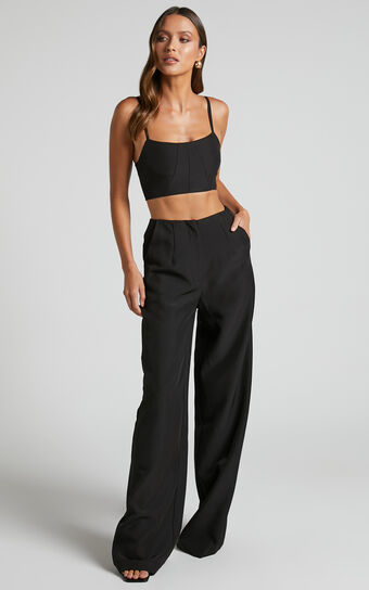 Alba Two Piece Set - Structured Crop Top and Wide Leg Pants Set in Black
