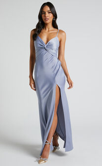 Gemalyn Maxi Dress - Twist Front Thigh Split Dress in Sky Blue