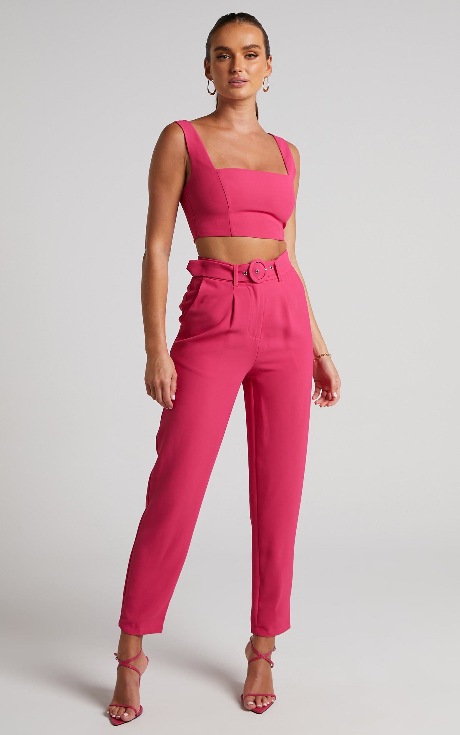 Reyna Two Piece Set - Crop Top and Tailored Pants Set in Pink - 04, PNK1