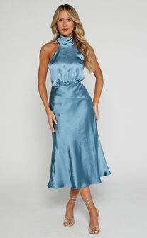 Ebony Midi Dress - High Neck Gathered Bodice Dress in Steel Blue