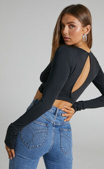 Marxzel Long Sleeve Ruched Jersey Crop Top in Black