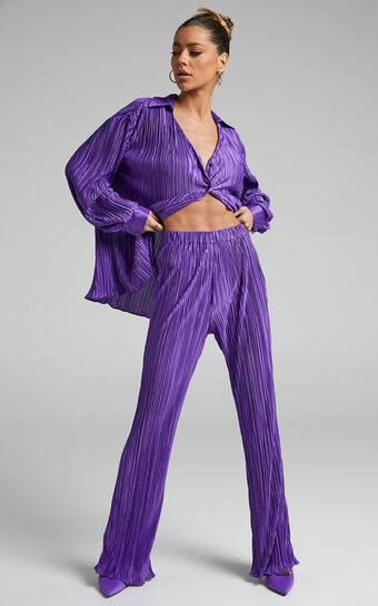 Beca Pants - High Waisted Plisse Flared Pants in Purple