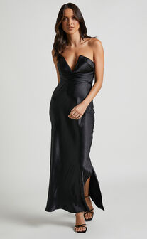 Jaslynn Midi Dress - Strapless V Neck Satin Dress in Black