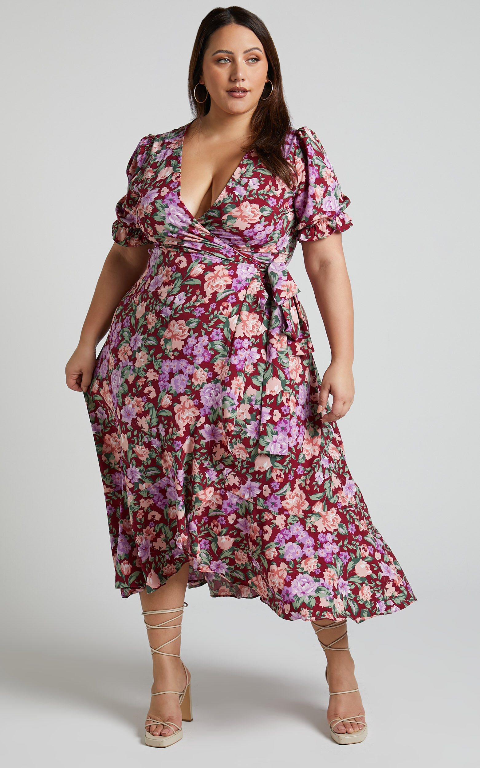 Lisse Maxi Dress - Frill Detail V Neck Wrap Dress in Wine Floral | Showpo