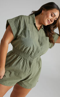 Daralyn Playsuit - Collared Button Down Utility Playsuit in Khaki