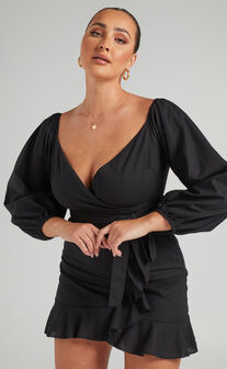 Cant Move On Off Shoulder Mini Dress in Black Linen Look